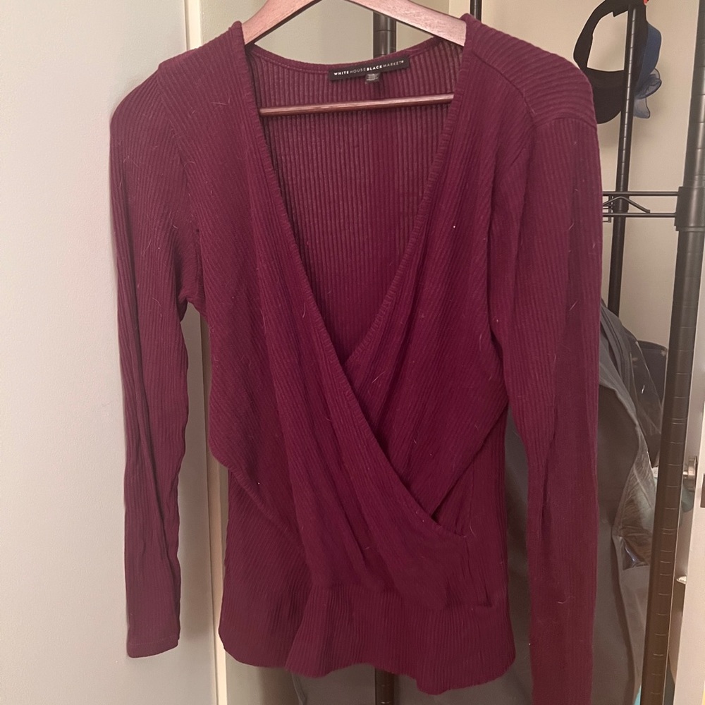 Faux wrap purple long sleeve sweater